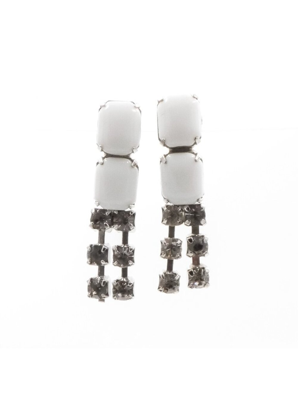 Vintage Milk Glass Rhinestone Drop Clip On Earrings White Glass Dangle 1.5”